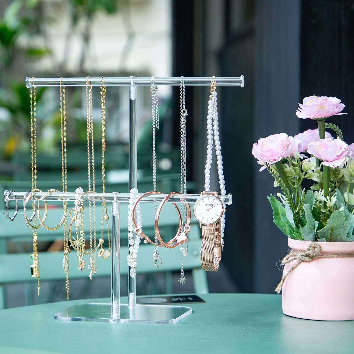 lengnoyp Premium Jewelry Stand , Solid Clear 2-Tier Acrylic Jewelry Organizer Stand & Bracelet holder Stand for Necklace Display, Ring & Watch Display - 3