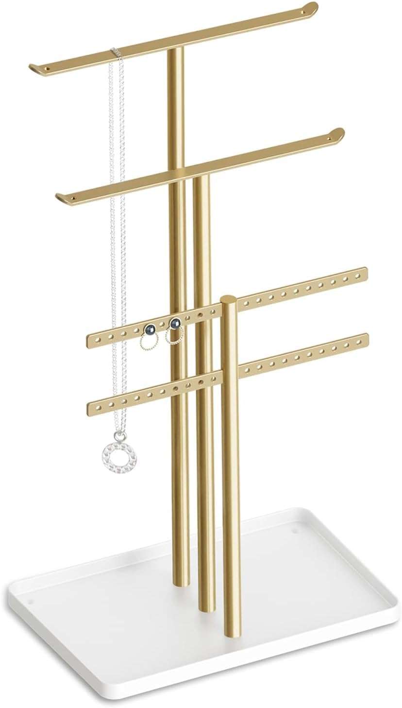 pickpiff Jewelry Stand Organizer, 14.5 Tall Sturdy Metal, 3-Tier Jewelry Holder for Necklace, Earring, Bracelet, Gold and White - 1