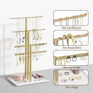 pickpiff Jewelry Stand Organizer, 14.5 Tall Sturdy Metal, 3-Tier Jewelry Holder for Necklace, Earring, Bracelet, Gold and White - 2
