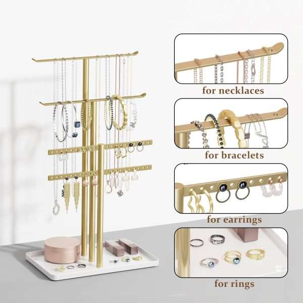 pickpiff Jewelry Stand Organizer, 14.5 Tall Sturdy Metal, 3-Tier Jewelry Holder for Necklace, Earring, Bracelet, Gold and White - 2