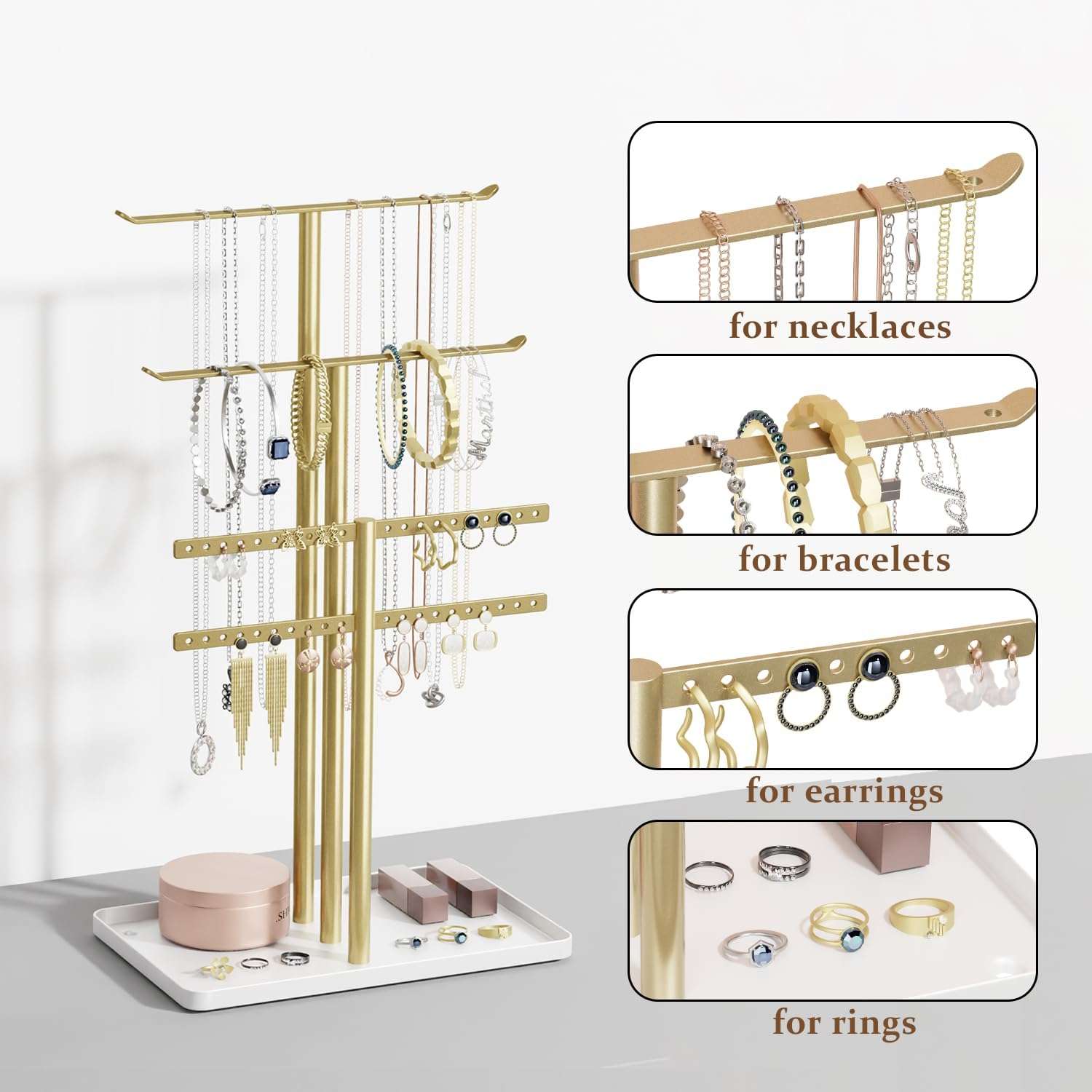 pickpiff Jewelry Stand Organizer, 14.5 Tall Sturdy Metal, 3-Tier Jewelry Holder for Necklace, Earring, Bracelet, Gold and White - 2