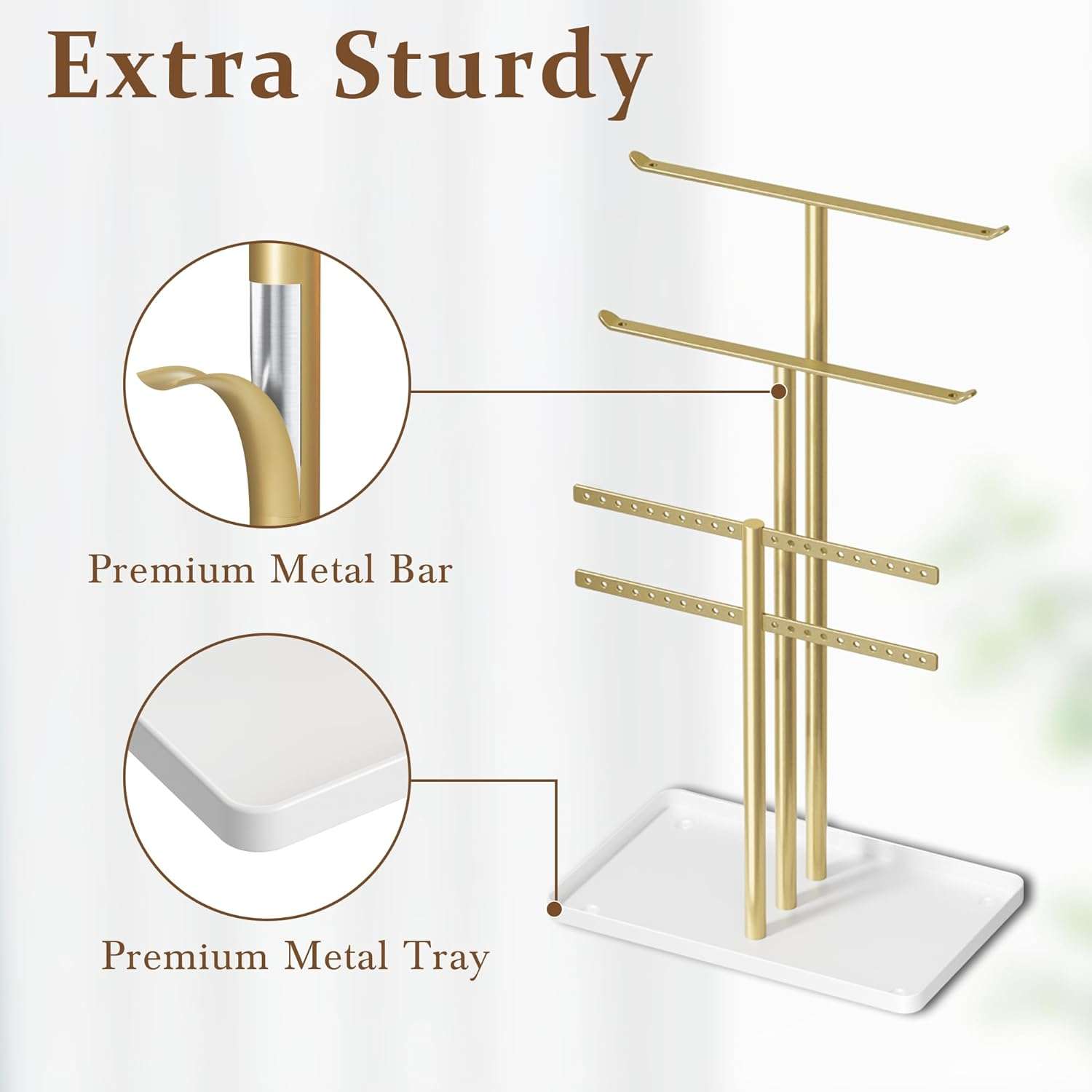 pickpiff Jewelry Stand Organizer, 14.5 Tall Sturdy Metal, 3-Tier Jewelry Holder for Necklace, Earring, Bracelet, Gold and White - 3