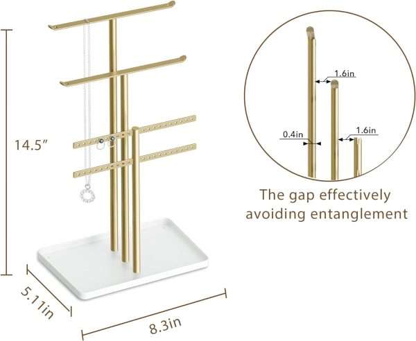 pickpiff Jewelry Stand Organizer, 14.5 Tall Sturdy Metal, 3-Tier Jewelry Holder for Necklace, Earring, Bracelet, Gold and White - 4