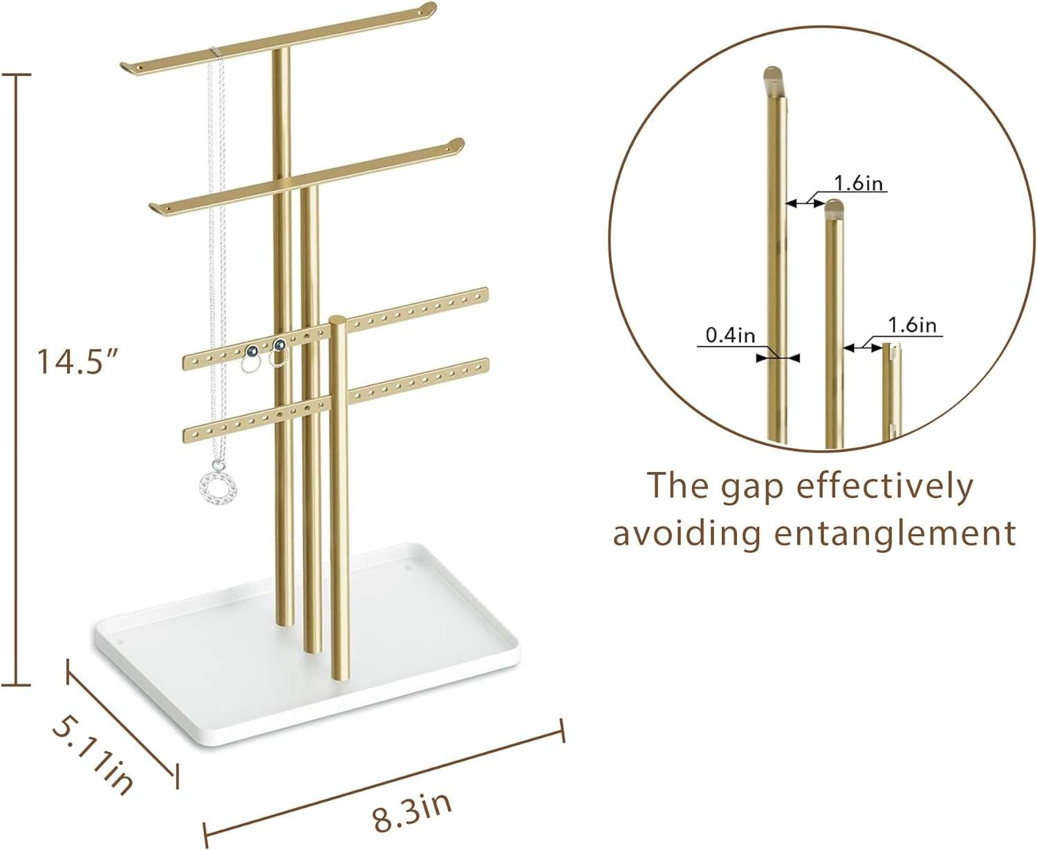 pickpiff Jewelry Stand Organizer, 14.5 Tall Sturdy Metal, 3-Tier Jewelry Holder for Necklace, Earring, Bracelet, Gold and White - 4
