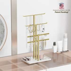 pickpiff Jewelry Stand Organizer, 14.5 Tall Sturdy Metal, 3-Tier Jewelry Holder for Necklace, Earring, Bracelet, Gold and White - 5