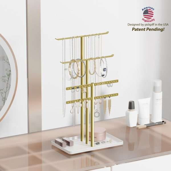 pickpiff Jewelry Stand Organizer, 14.5 Tall Sturdy Metal, 3-Tier Jewelry Holder for Necklace, Earring, Bracelet, Gold and White - 5
