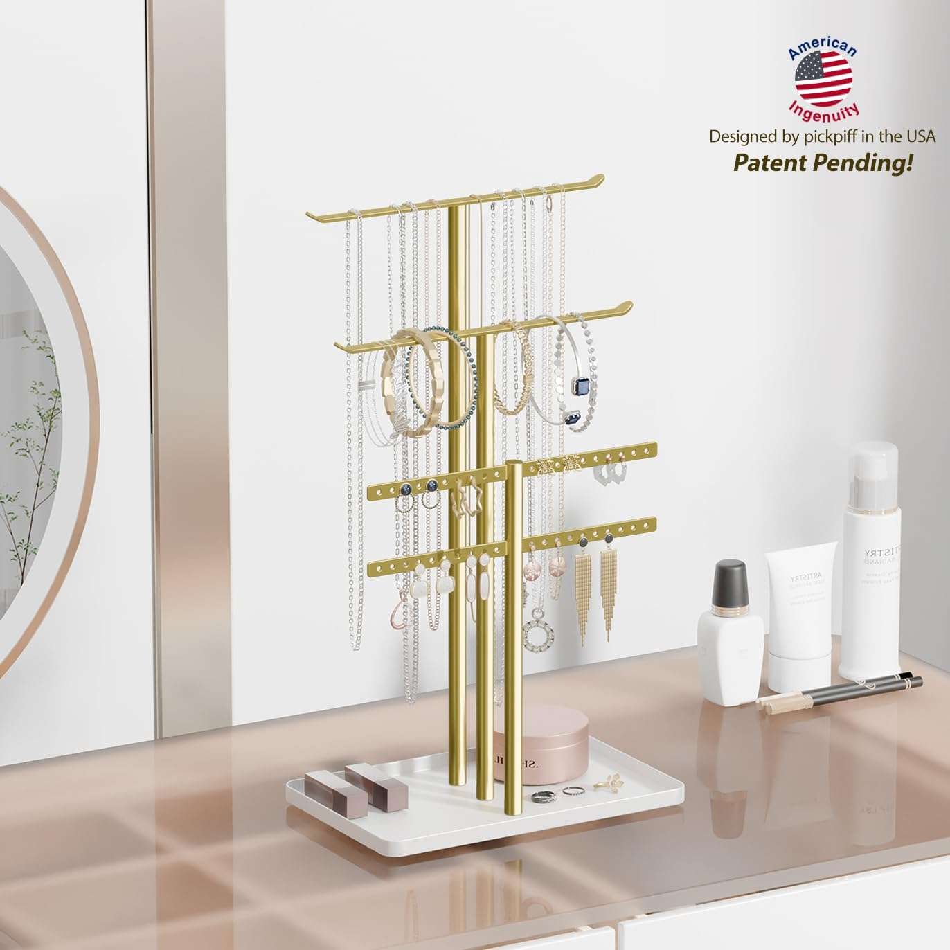 pickpiff Jewelry Stand Organizer, 14.5 Tall Sturdy Metal, 3-Tier Jewelry Holder for Necklace, Earring, Bracelet, Gold and White - 5