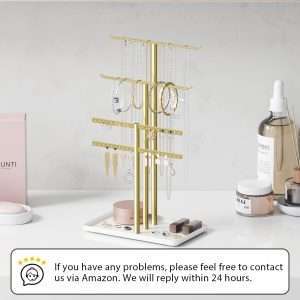 pickpiff Jewelry Stand Organizer, 14.5 Tall Sturdy Metal, 3-Tier Jewelry Holder for Necklace, Earring, Bracelet, Gold and White - 6