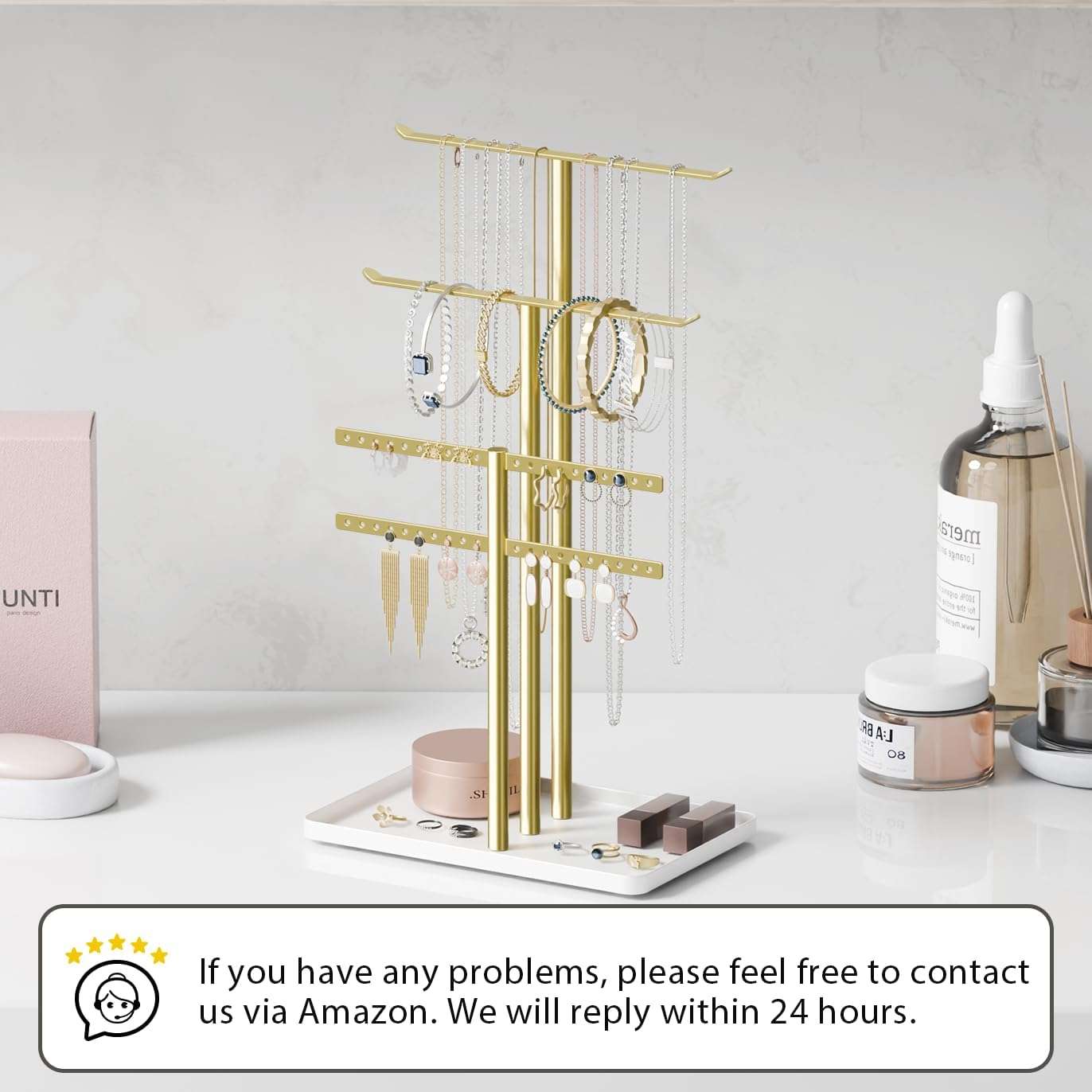pickpiff Jewelry Stand Organizer, 14.5 Tall Sturdy Metal, 3-Tier Jewelry Holder for Necklace, Earring, Bracelet, Gold and White - 6