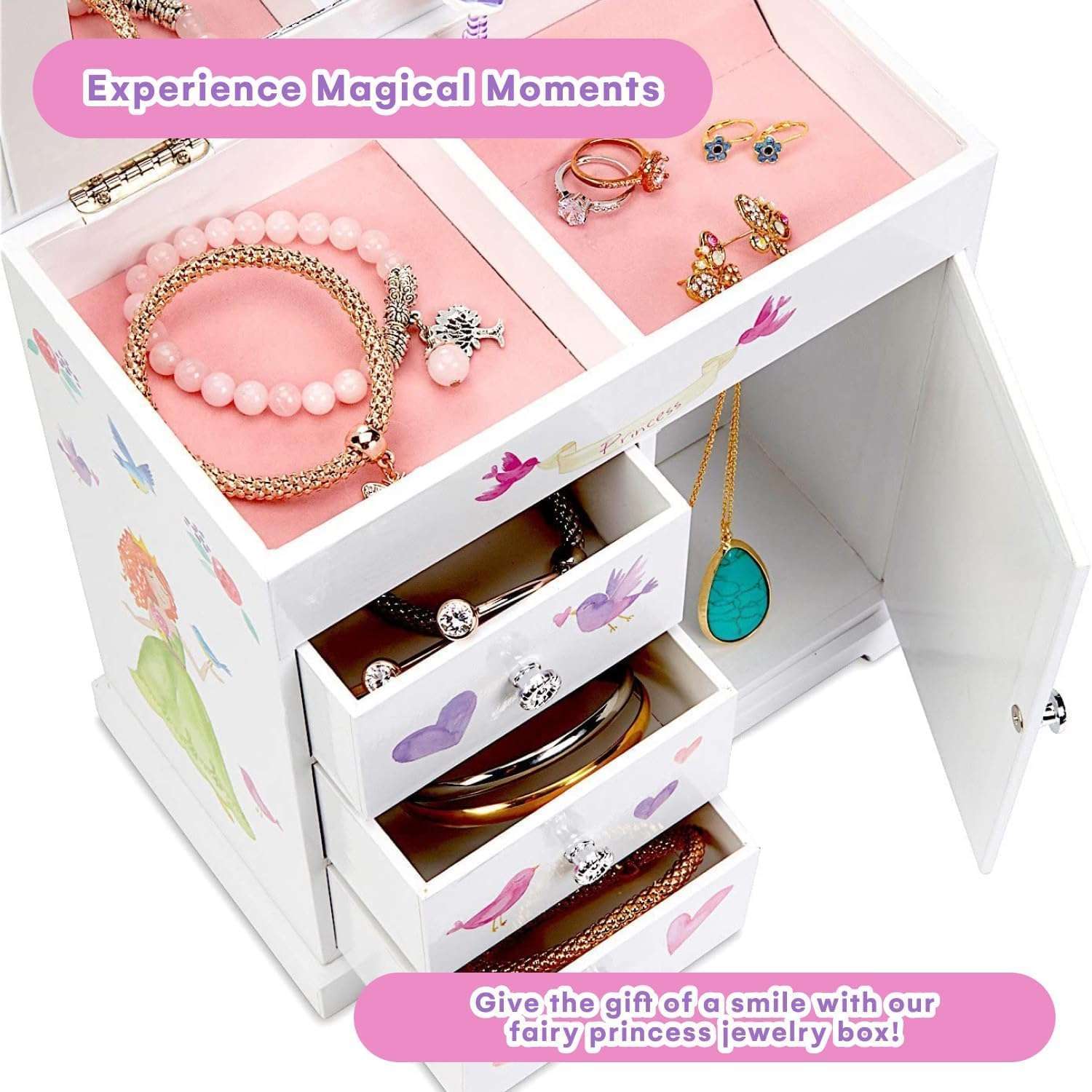 Jewelkeeper Jewelry Box for Girls with 3 Drawers, Princess Jewelry Boxes, Dance of the Sugar Plum Fairy and Spinning Princess Doll, Girls Gifts - 4