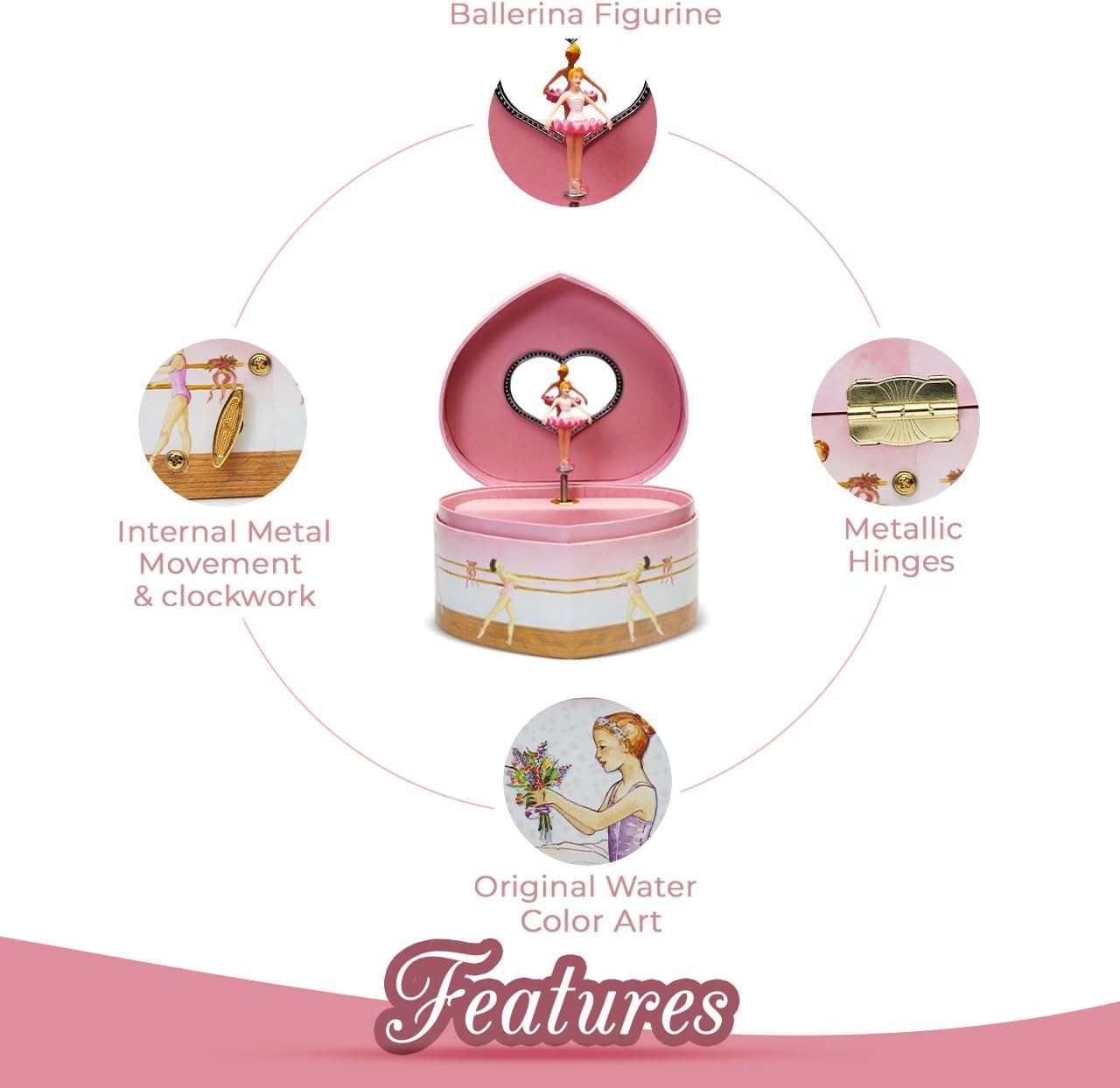 Musical Ballerina Jewelry Box for Girls Heart Shaped Ballerina Spins to Swan Lake - 6