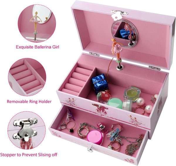Sweet Musical Jewelry Box with Pullout Drawer and dancing Ballerina Girl Figurines Music Box Jewel Storage Case for girls - 2