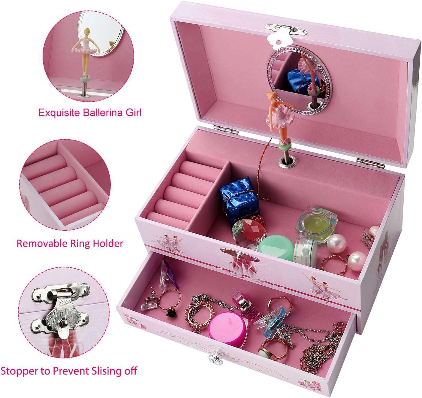 Sweet Musical Jewelry Box with Pullout Drawer and dancing Ballerina Girl Figurines Music Box Jewel Storage Case for girls - 2