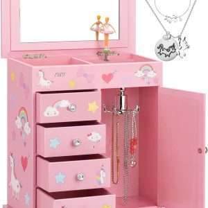 Upgrade Jewelry Box for Girls 5-Layer with Swing Door Spinning Ballerina Unicorn &Castle Design Unicorn Jewelry Set Included Kids Jewelry Box for Little Girls Birthday Christmas Gift Pink - 1