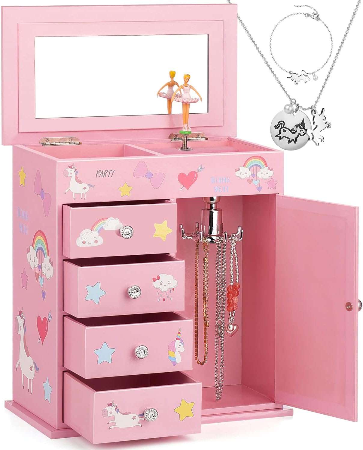 Upgrade Jewelry Box for Girls 5-Layer with Swing Door Spinning Ballerina Unicorn &Castle Design Unicorn Jewelry Set Included Kids Jewelry Box for Little Girls Birthday Christmas Gift Pink - 1
