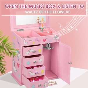 Upgrade Jewelry Box for Girls 5-Layer with Swing Door Spinning Ballerina Unicorn &Castle Design Unicorn Jewelry Set Included Kids Jewelry Box for Little Girls Birthday Christmas Gift Pink - 2