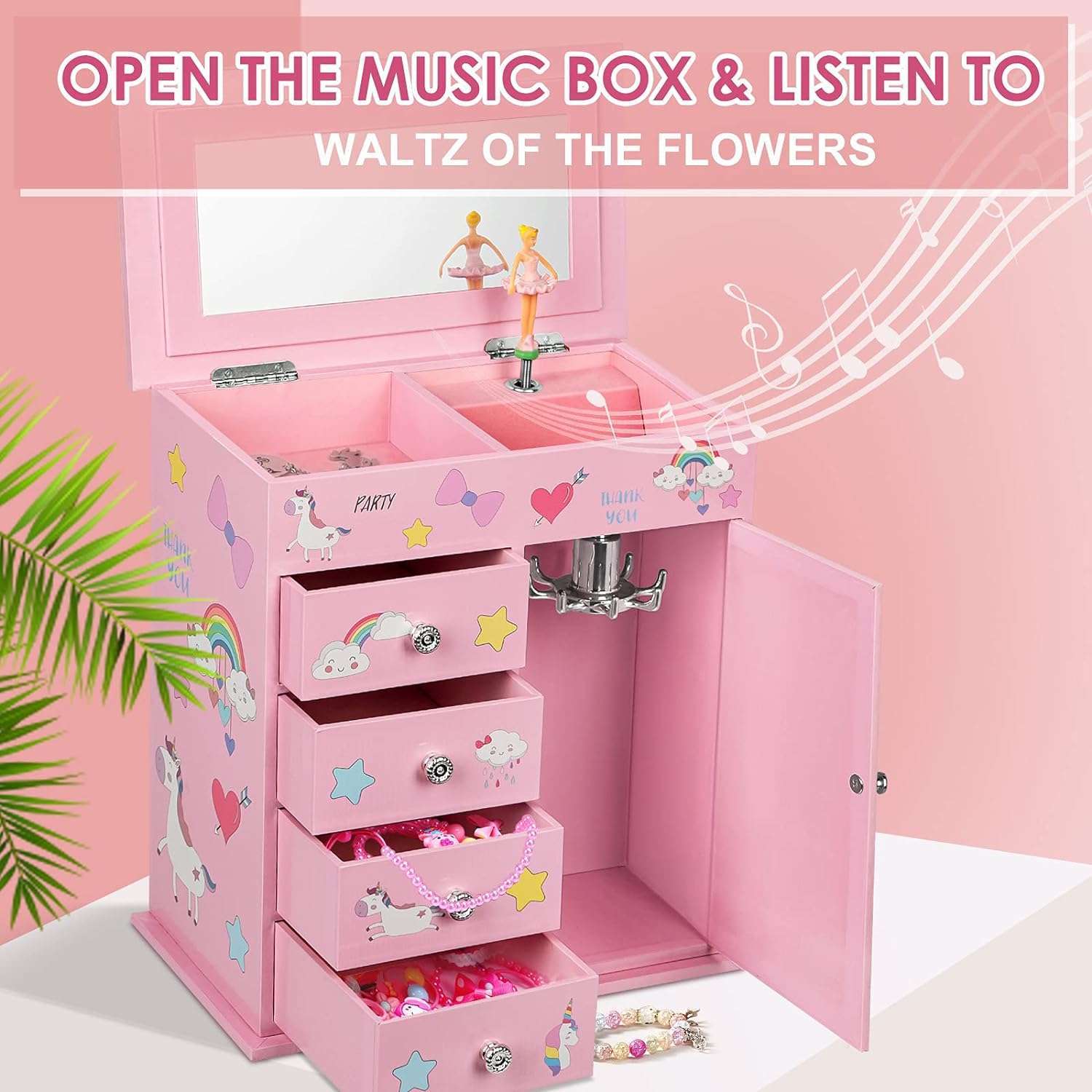 Upgrade Jewelry Box for Girls 5-Layer with Swing Door Spinning Ballerina Unicorn &Castle Design Unicorn Jewelry Set Included Kids Jewelry Box for Little Girls Birthday Christmas Gift Pink - 2