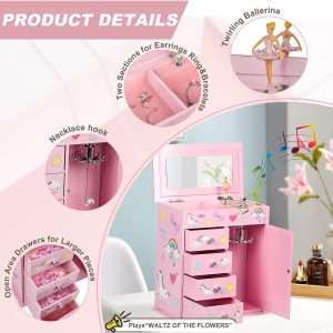 Upgrade Jewelry Box for Girls 5-Layer with Swing Door Spinning Ballerina Unicorn &Castle Design Unicorn Jewelry Set Included Kids Jewelry Box for Little Girls Birthday Christmas Gift Pink - 3