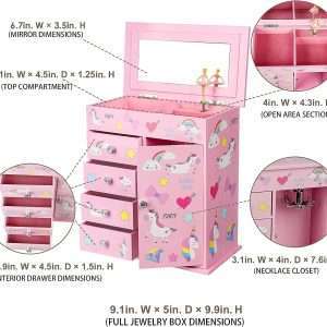 Upgrade Jewelry Box for Girls 5-Layer with Swing Door Spinning Ballerina Unicorn &Castle Design Unicorn Jewelry Set Included Kids Jewelry Box for Little Girls Birthday Christmas Gift Pink - 4