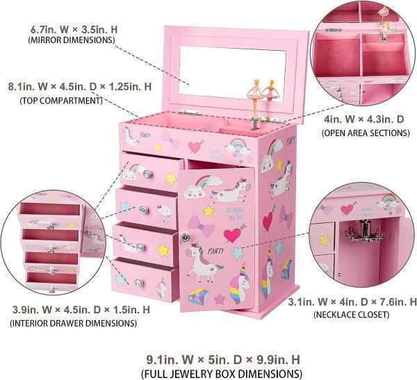 Upgrade Jewelry Box for Girls 5-Layer with Swing Door Spinning Ballerina Unicorn &Castle Design Unicorn Jewelry Set Included Kids Jewelry Box for Little Girls Birthday Christmas Gift Pink - 4
