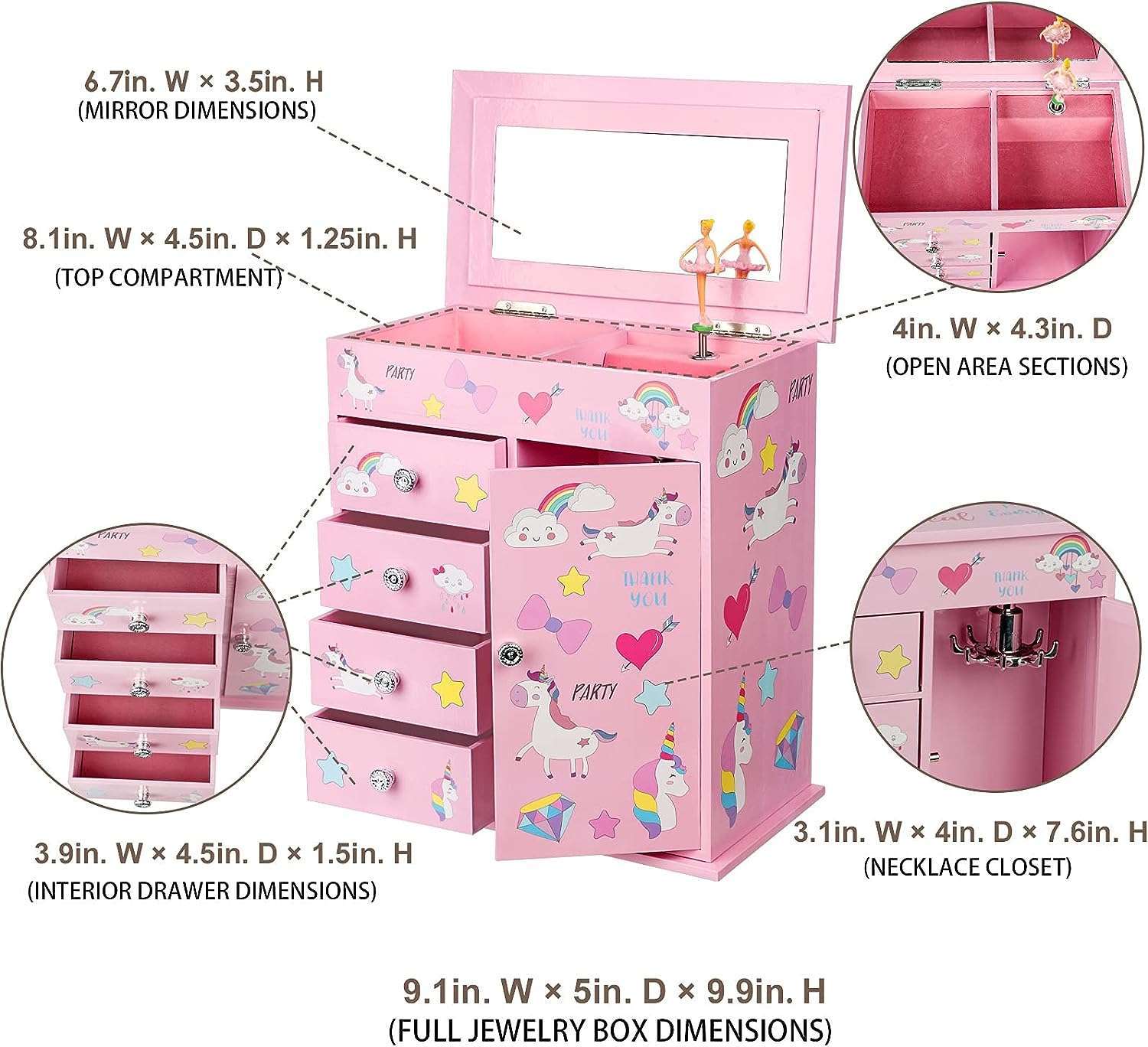 Upgrade Jewelry Box for Girls 5-Layer with Swing Door Spinning Ballerina Unicorn &Castle Design Unicorn Jewelry Set Included Kids Jewelry Box for Little Girls Birthday Christmas Gift Pink - 4