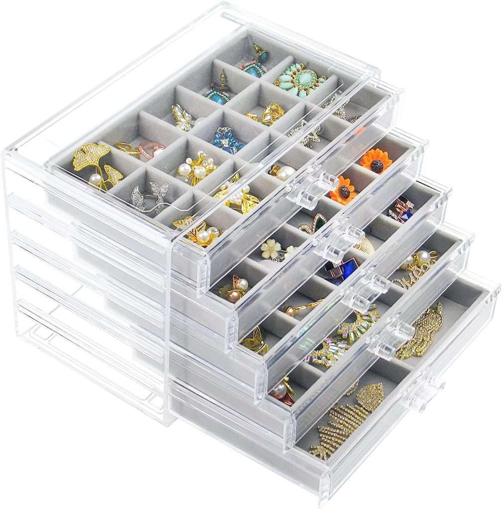 Acrylic Jewelry Box with 5 Drawers, Clear Earring Storage Organizer Display Case for Women Girls, Gray - 1