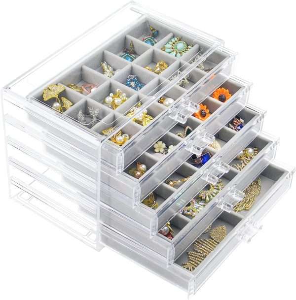 Acrylic Jewelry Box with 5 Drawers, Clear Earring Storage Organizer Display Case for Women Girls, Gray - 1