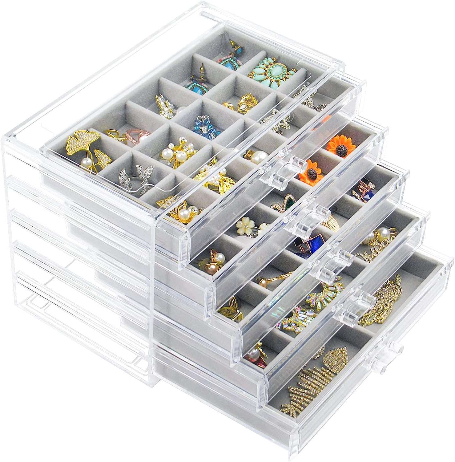 Acrylic Jewelry Box with 5 Drawers, Clear Earring Storage Organizer Display Case for Women Girls, Gray - 1