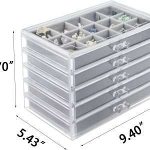 Acrylic Jewelry Box with 5 Drawers, Clear Earring Storage Organizer Display Case for Women Girls, Gray - 2