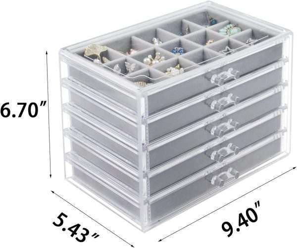Acrylic Jewelry Box with 5 Drawers, Clear Earring Storage Organizer Display Case for Women Girls, Gray - 2