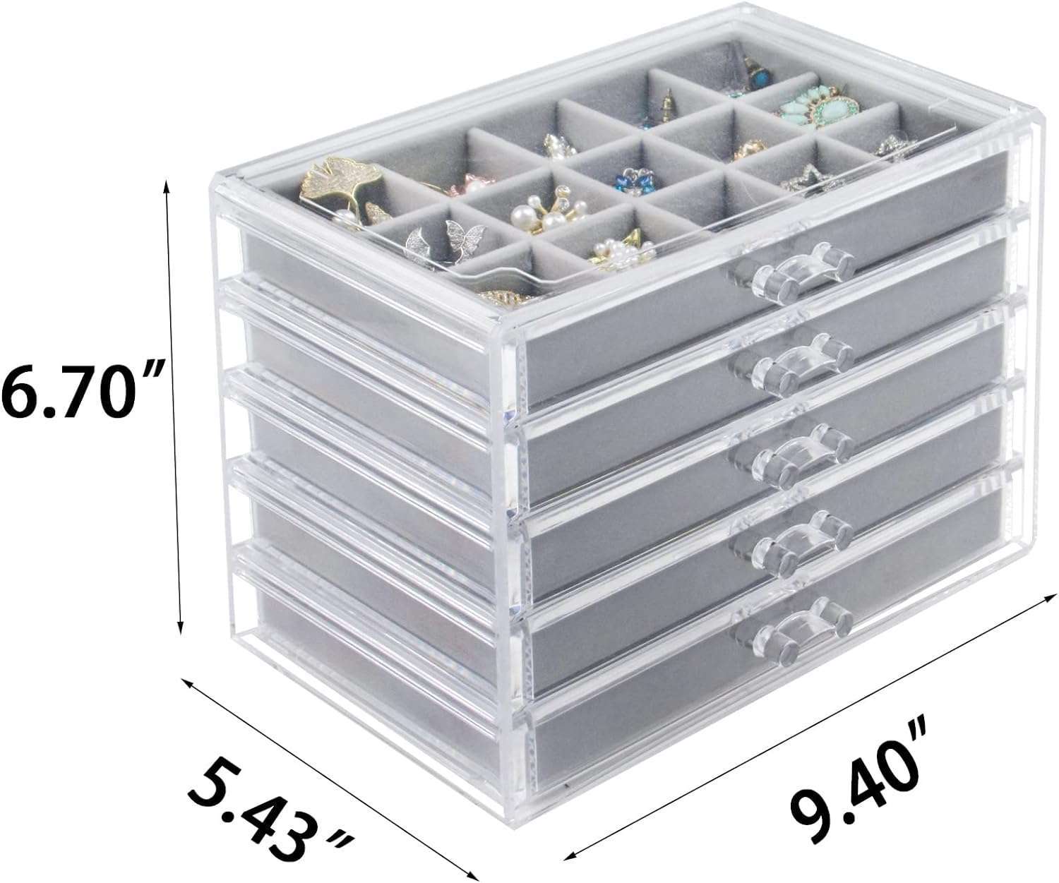 Acrylic Jewelry Box with 5 Drawers, Clear Earring Storage Organizer Display Case for Women Girls, Gray - 2