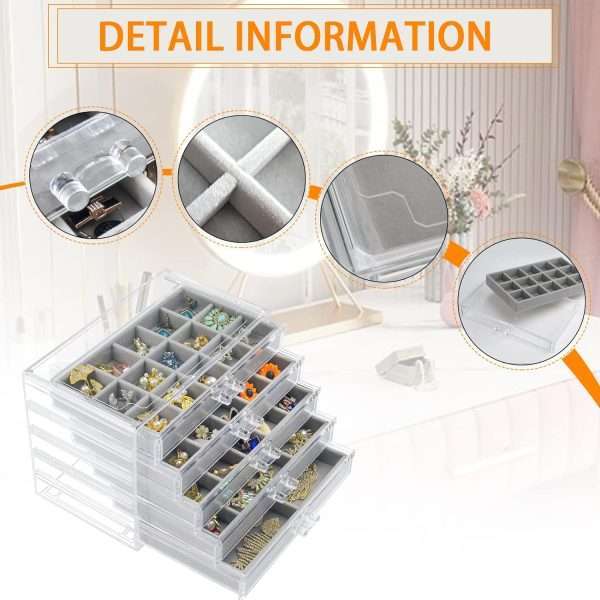 Acrylic Jewelry Box with 5 Drawers, Clear Earring Storage Organizer Display Case for Women Girls, Gray - 3