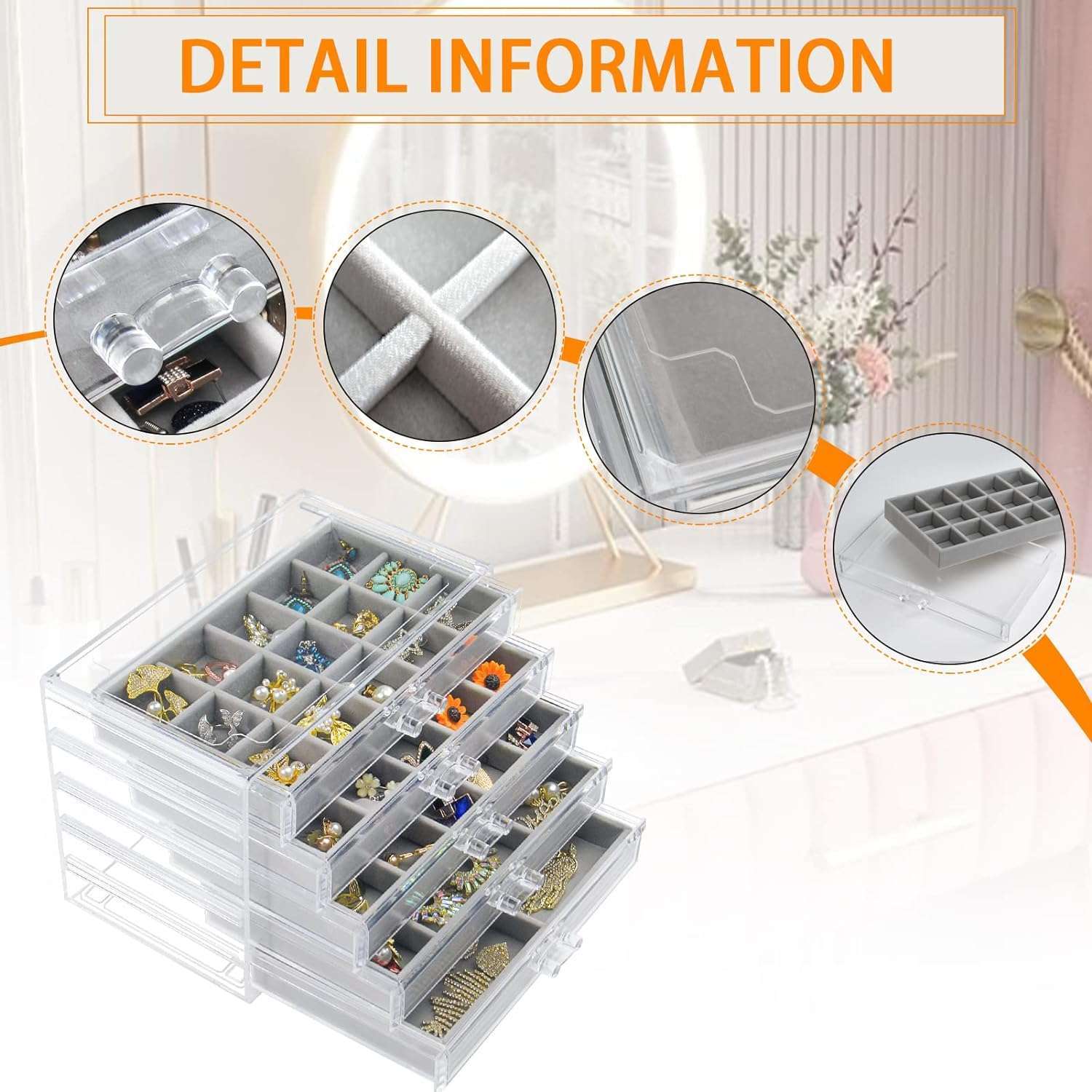 Acrylic Jewelry Box with 5 Drawers, Clear Earring Storage Organizer Display Case for Women Girls, Gray - 3