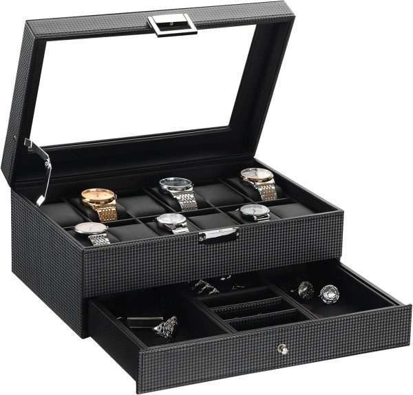 BEWISHOME Watch Box Organizer with Valet Drawer - Real Glass Top, Adjustable Tray, Metal Hinge, Carbon Fiber Design - 12 Slots Watch Storage Case for Men, Black - 1