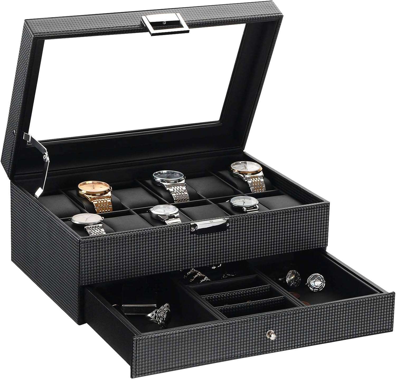 BEWISHOME Watch Box Organizer with Valet Drawer - Real Glass Top, Adjustable Tray, Metal Hinge, Carbon Fiber Design - 12 Slots Watch Storage Case for Men, Black - 1
