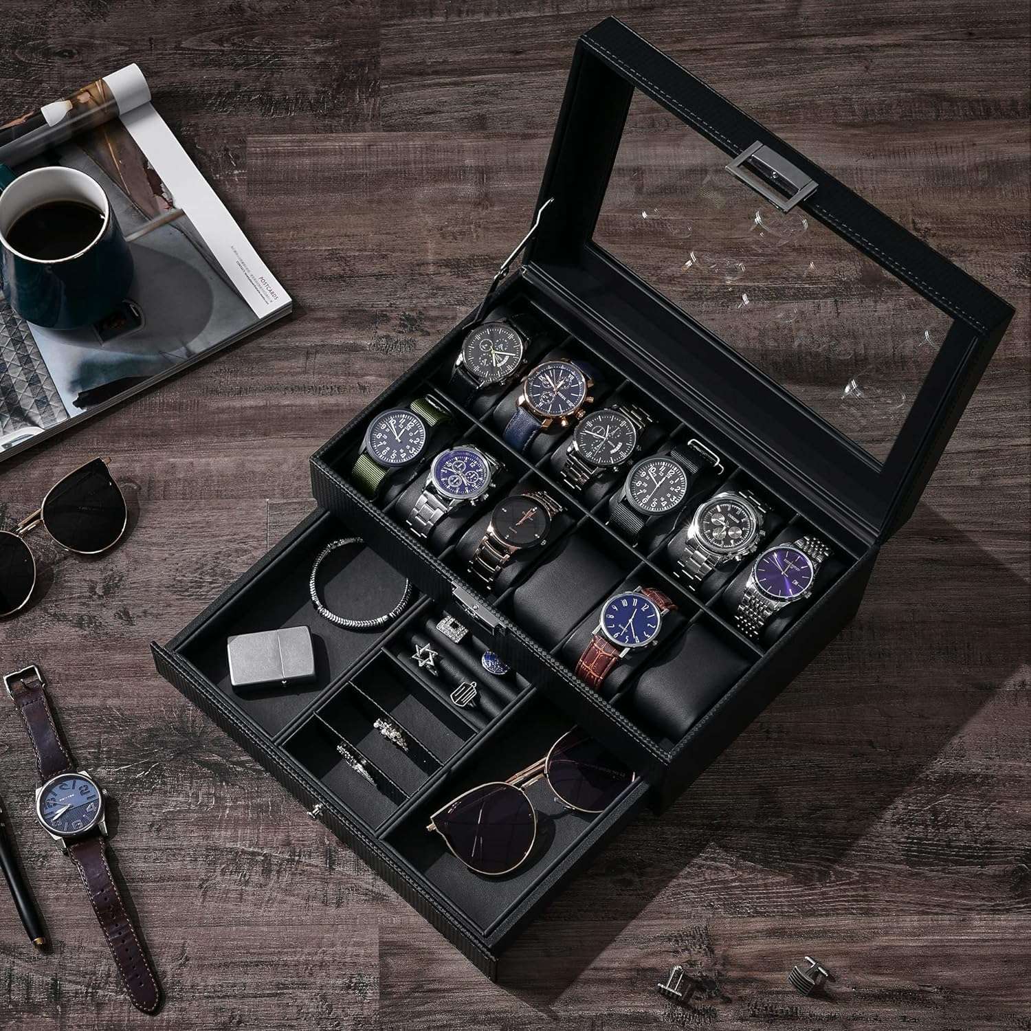 BEWISHOME Watch Box Organizer with Valet Drawer - Real Glass Top, Adjustable Tray, Metal Hinge, Carbon Fiber Design - 12 Slots Watch Storage Case for Men, Black - 2