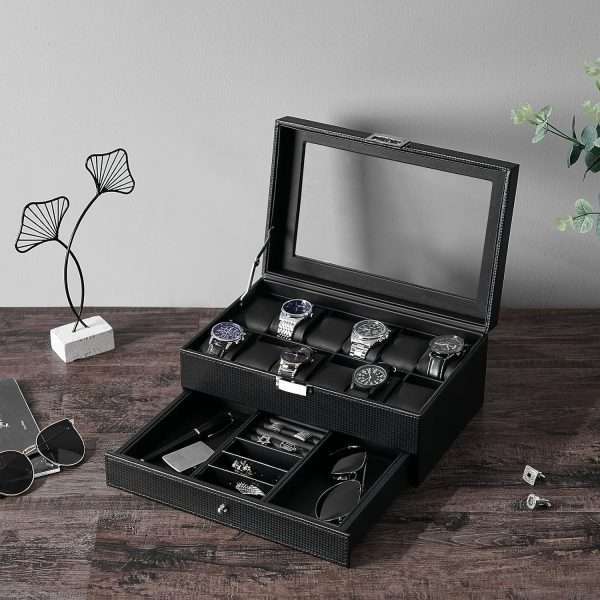 BEWISHOME Watch Box Organizer with Valet Drawer - Real Glass Top, Adjustable Tray, Metal Hinge, Carbon Fiber Design - 12 Slots Watch Storage Case for Men, Black - 5