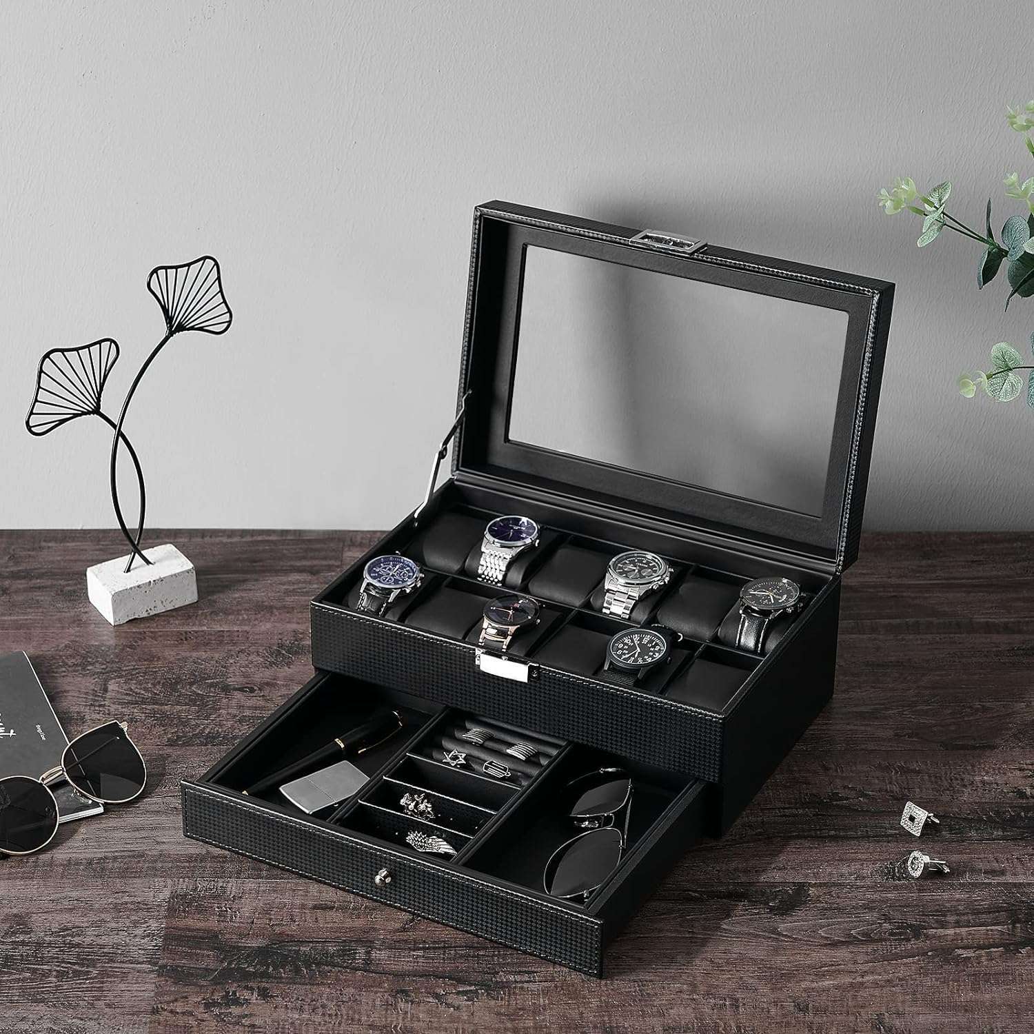 BEWISHOME Watch Box Organizer with Valet Drawer - Real Glass Top, Adjustable Tray, Metal Hinge, Carbon Fiber Design - 12 Slots Watch Storage Case for Men, Black - 5