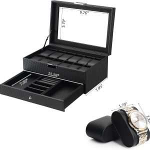 BEWISHOME Watch Box Organizer with Valet Drawer - Real Glass Top, Adjustable Tray, Metal Hinge, Carbon Fiber Design - 12 Slots Watch Storage Case for Men, Black - 7
