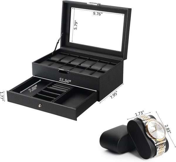 BEWISHOME Watch Box Organizer with Valet Drawer - Real Glass Top, Adjustable Tray, Metal Hinge, Carbon Fiber Design - 12 Slots Watch Storage Case for Men, Black - 7
