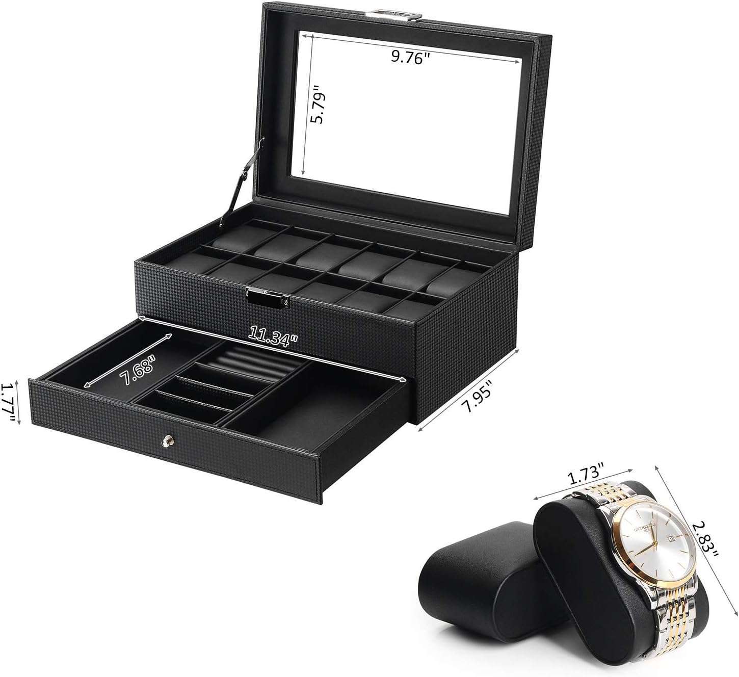 BEWISHOME Watch Box Organizer with Valet Drawer - Real Glass Top, Adjustable Tray, Metal Hinge, Carbon Fiber Design - 12 Slots Watch Storage Case for Men, Black - 7
