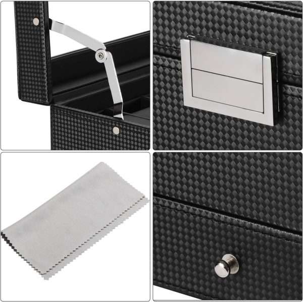 BEWISHOME Watch Box Organizer with Valet Drawer - Real Glass Top, Adjustable Tray, Metal Hinge, Carbon Fiber Design - 12 Slots Watch Storage Case for Men, Black - 8