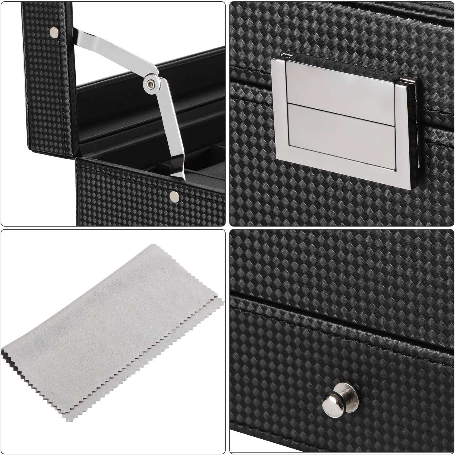 BEWISHOME Watch Box Organizer with Valet Drawer - Real Glass Top, Adjustable Tray, Metal Hinge, Carbon Fiber Design - 12 Slots Watch Storage Case for Men, Black - 8