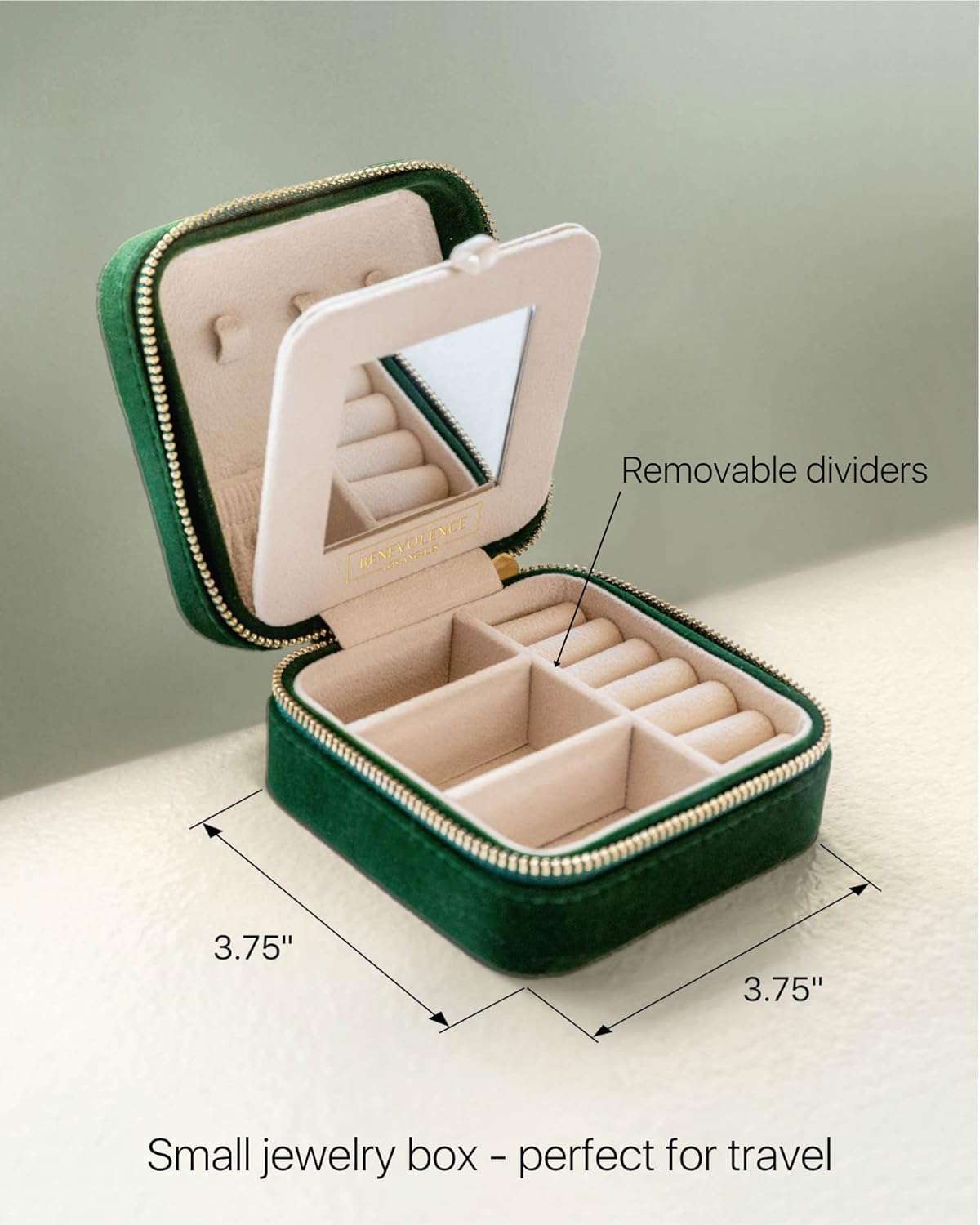 Benevolence LA Plush Velvet Travel Jewelry Box Organizer, Travel Jewelry Case, Jewelry Travel Case for Women, Travel Jewelry Case Organizer, Small, Portable Jewelry Boxes with Mirror - 3