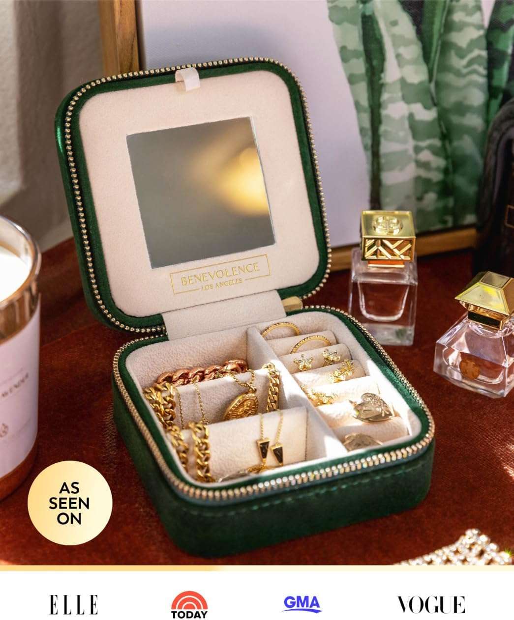 Benevolence LA Plush Velvet Travel Jewelry Box Organizer, Travel Jewelry Case, Jewelry Travel Case for Women, Travel Jewelry Case Organizer, Small, Portable Jewelry Boxes with Mirror - 5
