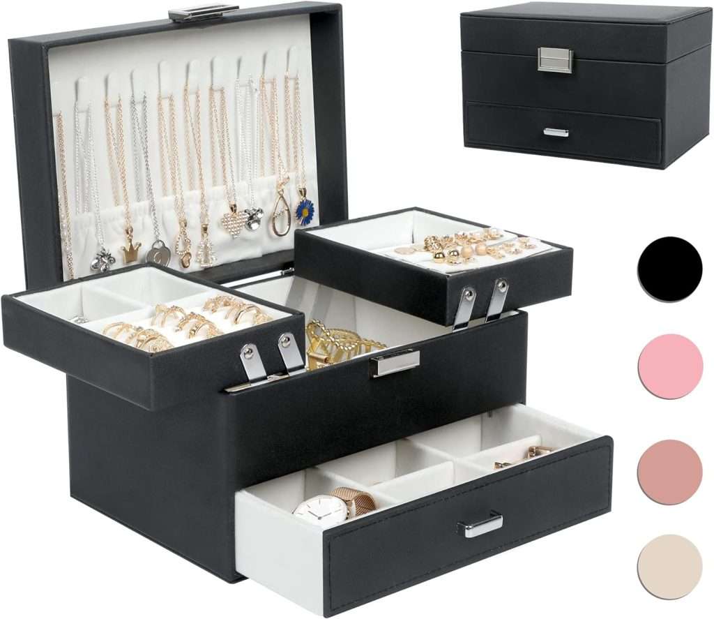 Dajasan Jewelry Boxes for Women Girls, Jewelry Organizer Box, 3 Layers Jewelry Storage Organizer for Earring, Ring, Necklace, Bracelets (Black) - 1