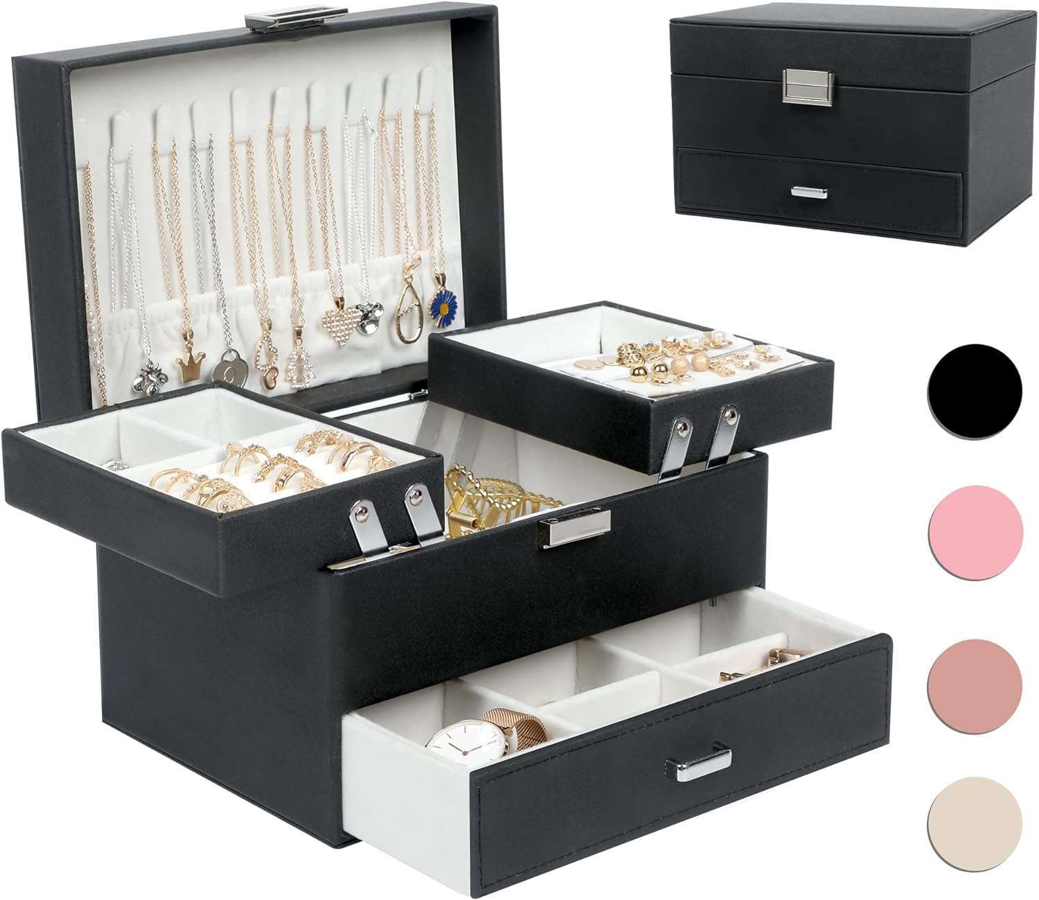 Dajasan Jewelry Boxes for Women Girls, Jewelry Organizer Box, 3 Layers Jewelry Storage Organizer for Earring, Ring, Necklace, Bracelets (Black) - 1