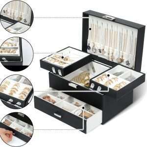 Dajasan Jewelry Boxes for Women Girls, Jewelry Organizer Box, 3 Layers Jewelry Storage Organizer for Earring, Ring, Necklace, Bracelets (Black) - 2