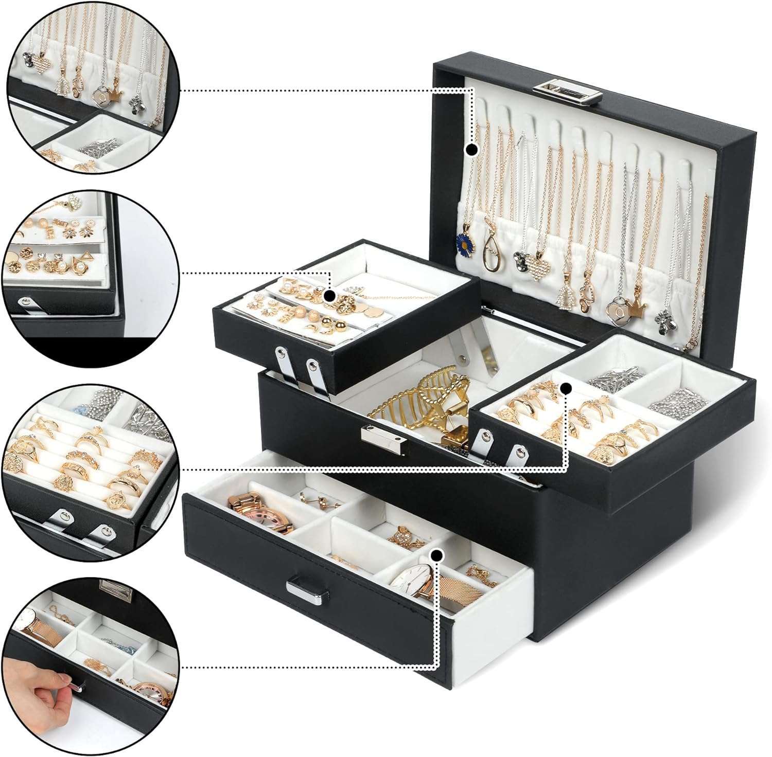 Dajasan Jewelry Boxes for Women Girls, Jewelry Organizer Box, 3 Layers Jewelry Storage Organizer for Earring, Ring, Necklace, Bracelets (Black) - 2