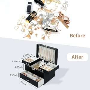 Dajasan Jewelry Boxes for Women Girls, Jewelry Organizer Box, 3 Layers Jewelry Storage Organizer for Earring, Ring, Necklace, Bracelets (Black) - 4